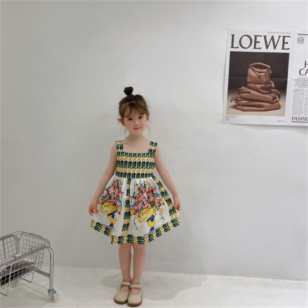 Summer Fashion Kids Strap Dresses for Baby Girls Princess Wedding Party Flower Printed Children Clothes Girl Elsa Casual Dresses alx