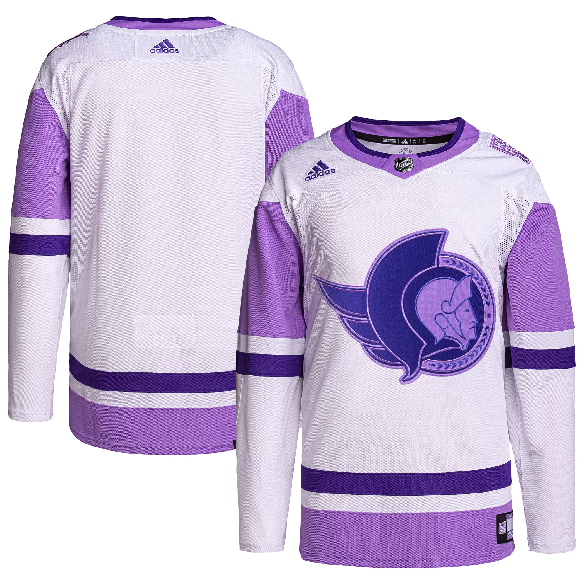 Men's Ottawa Senators adidas White/Purple Hockey Fights Cancer Primegreen Authentic Blank Practice Jersey