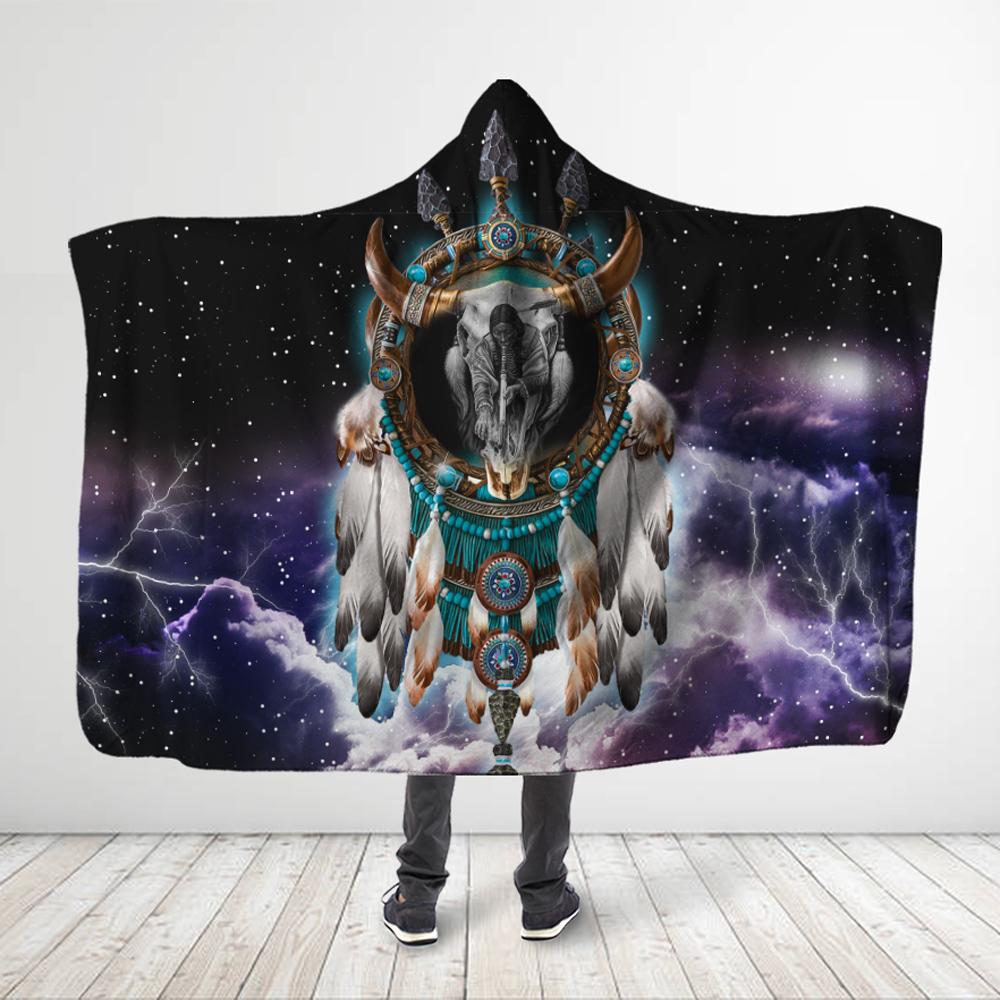 ViticStore™ Native Buffalo 3D All Over Printed Golden Horned Buffalo Skull In Galaxy – Hooded Blanket