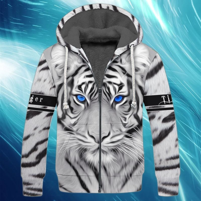 White Tiger Blue Eyes Cool 3D Full Print Fleece Zipper