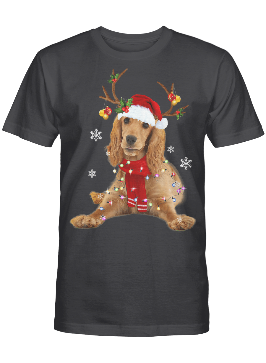 AmazeStyleZ Santa’s Reindeer, Ugly Christmas Sweater, Christmas Gift Ideas, Cocker Spaniel Christmas Reindeer Christmas Lights Pajama T-Shirt