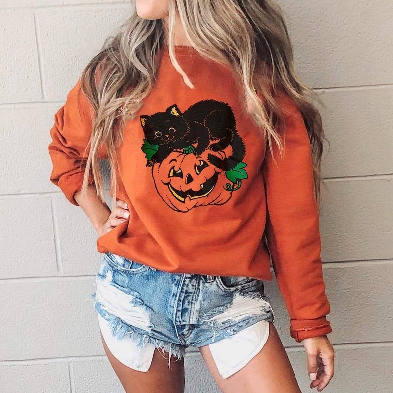 Vintage Halloween Crewneck Sweatshirt, Pumpkin Halloween, Pumpkin And Black Cat Halloween Custom Sweatshirt