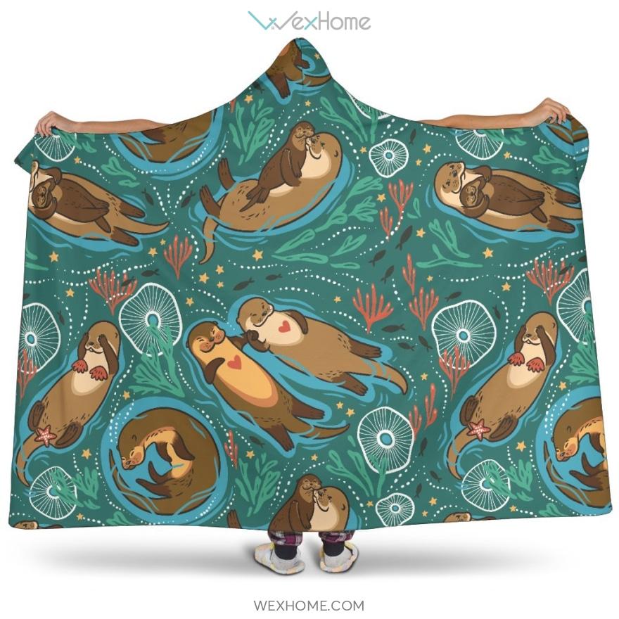 Cute Brown Sea Otters Ornamental Seaweed Corals Green Water Hooded Blanket