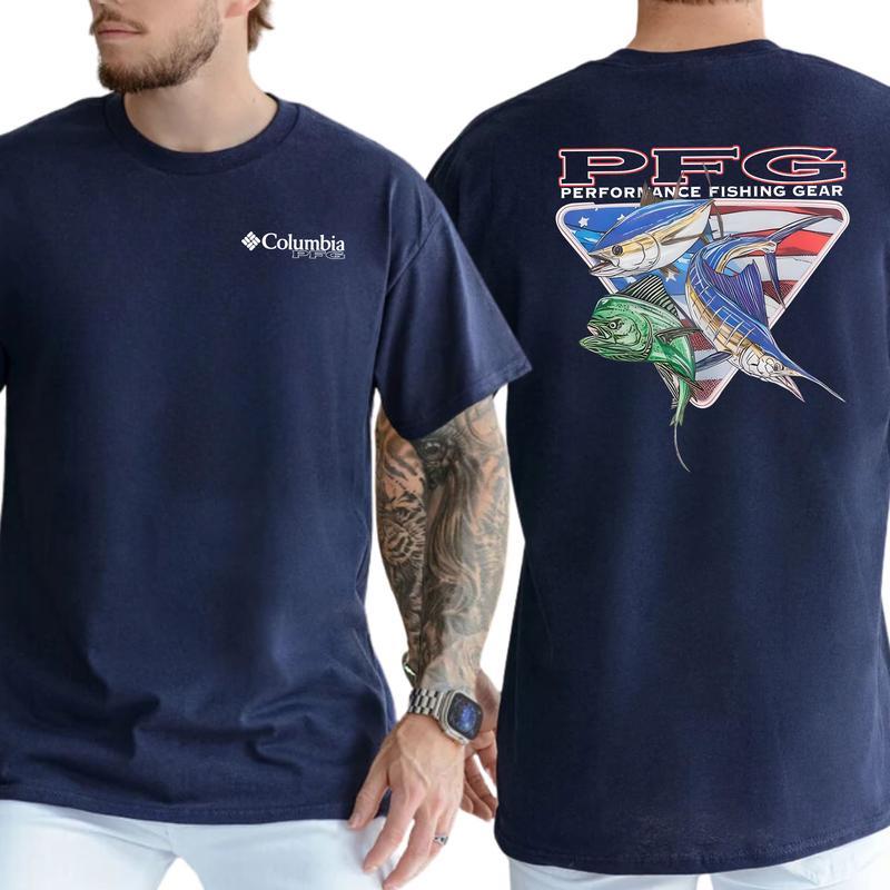 Columbia PFG Performance Fishing Gear T-Shirt American Flag Offshore Fishing Graphic Tee, Sportfishing Apparel, Beige Cotton Shirt for Anglers