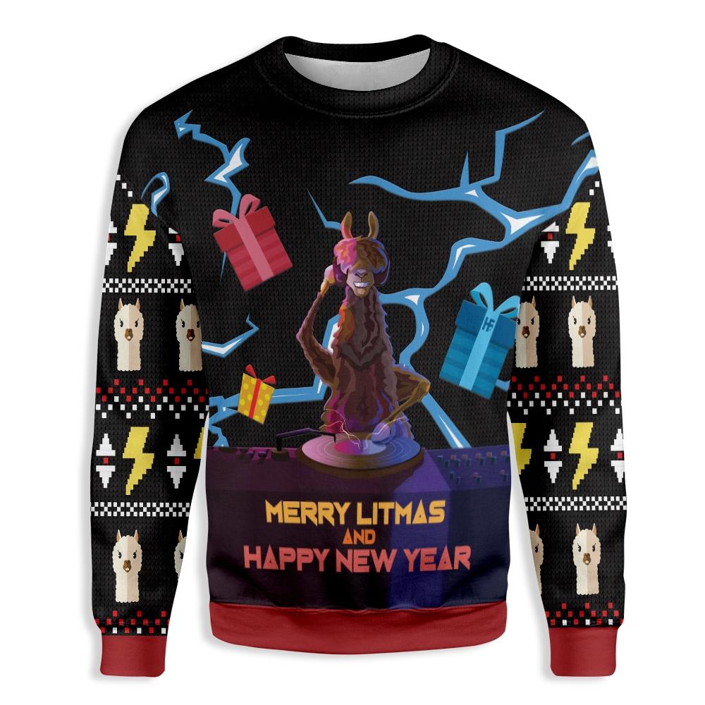 Unifinz Llama Christmas Sweater Dj Llama Merry Litmas And Happy New Year Ugly Sweater 2022