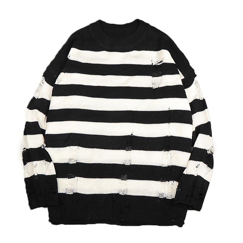 Black Stripe Sweaters Destroyed Ripped Sweater Women Pullover Hole Knit Jumpers Oversized Sweatshirt Harajuku Long Sleeve Tops alx