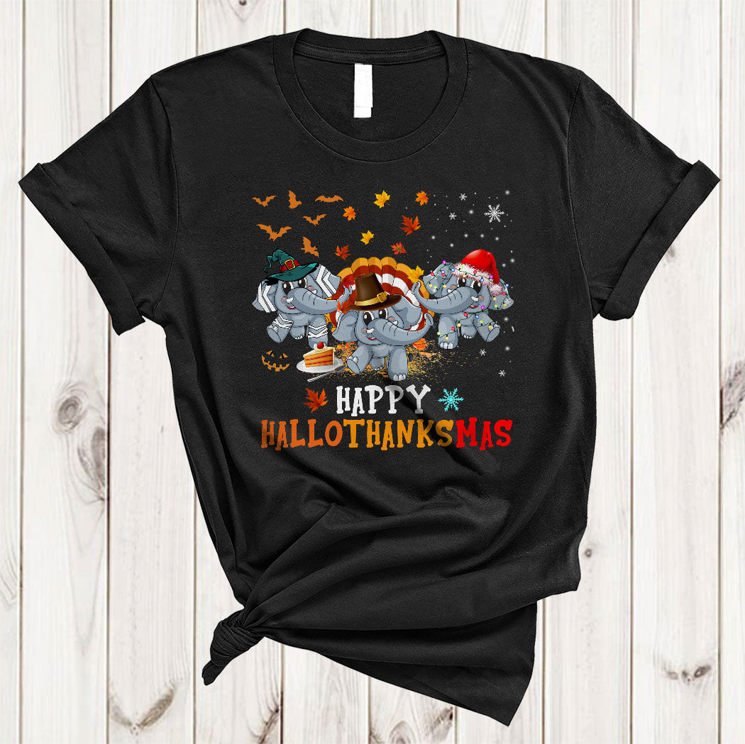 Happy Hallothanksmas Cute Halloween Thanksgiving Christmas Santa Witch Turkey Elephant T-Shirt