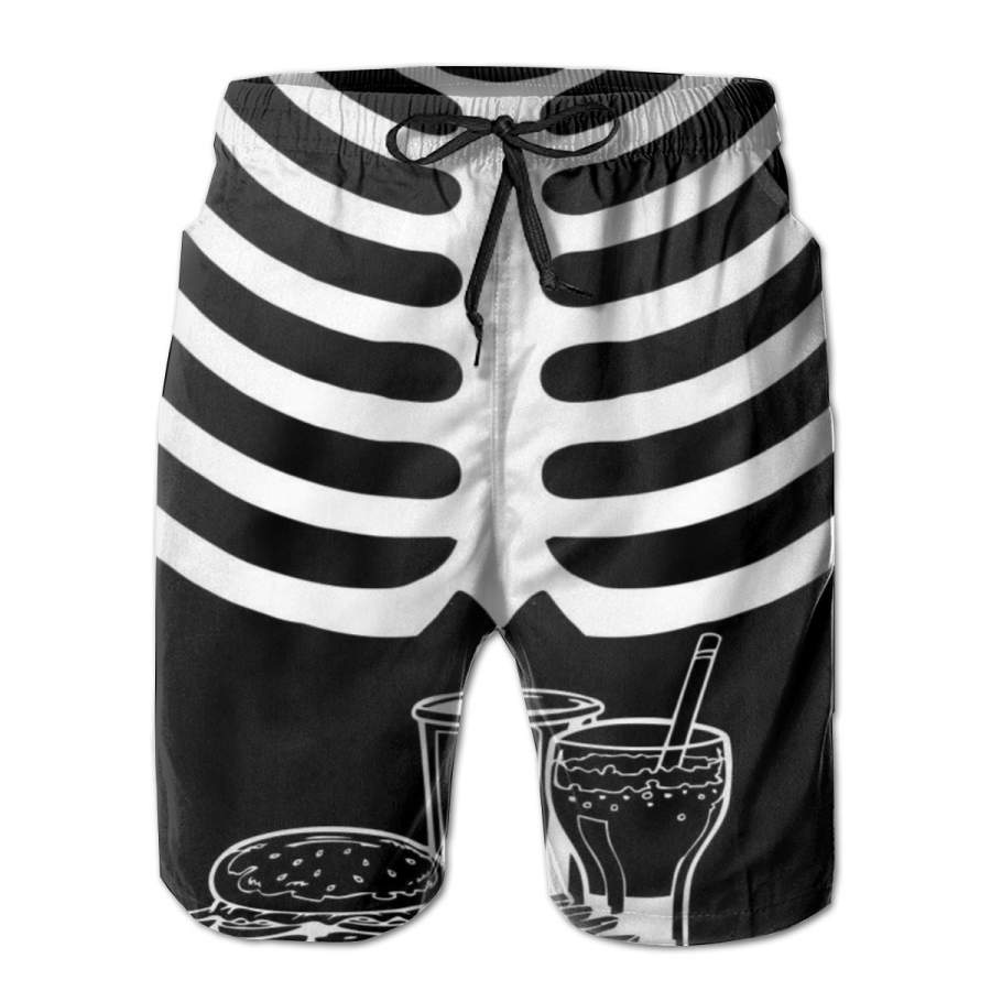 2 Pack Halloween Fast Food Skeleton Poster Men Swim Trunks Drawstring Elastic Waist Quick Dry Beach Shorts with Mesh Lining Swimwear Bathing Suits