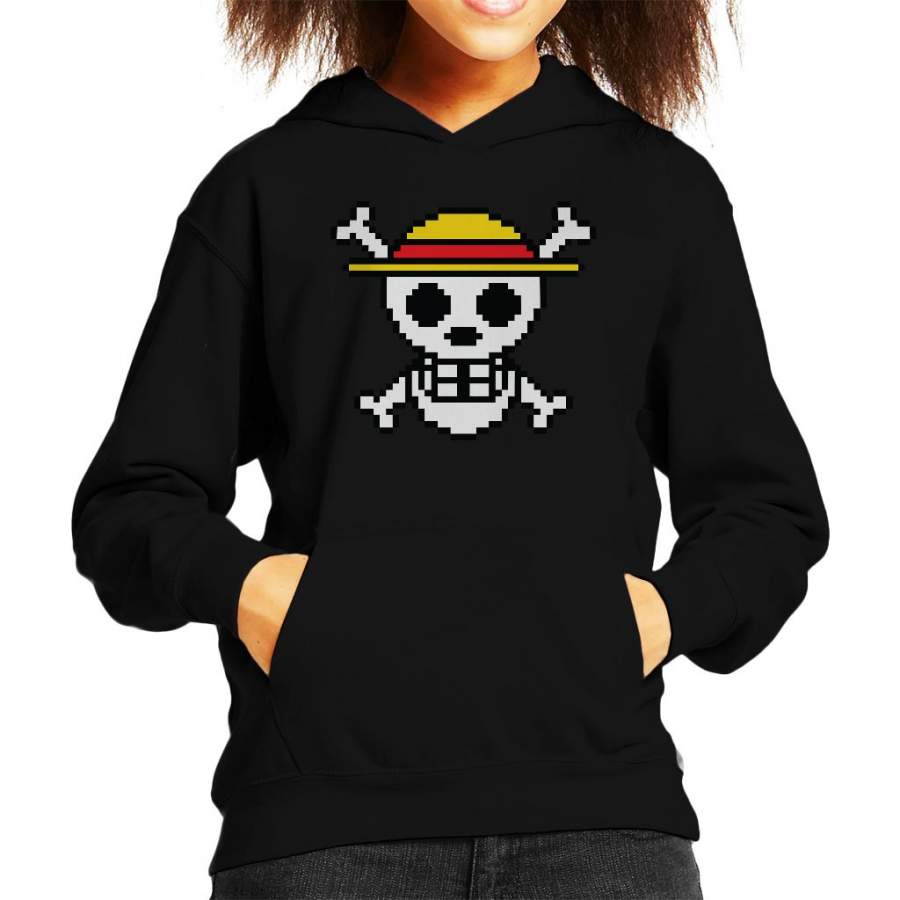 Straw Hat Skull And Cross Bones Pixel One Piece Kid’s Hooded Sweatshirt