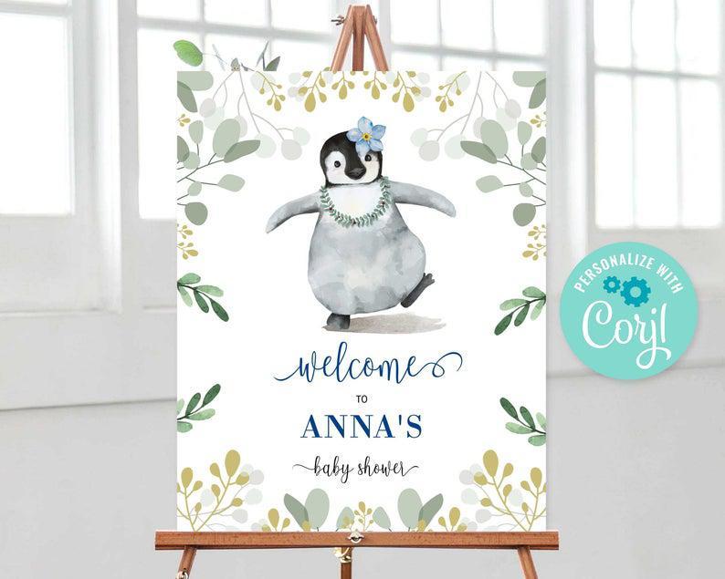 Welcome Sign With Penguin, Baby Shower Welcome Poster