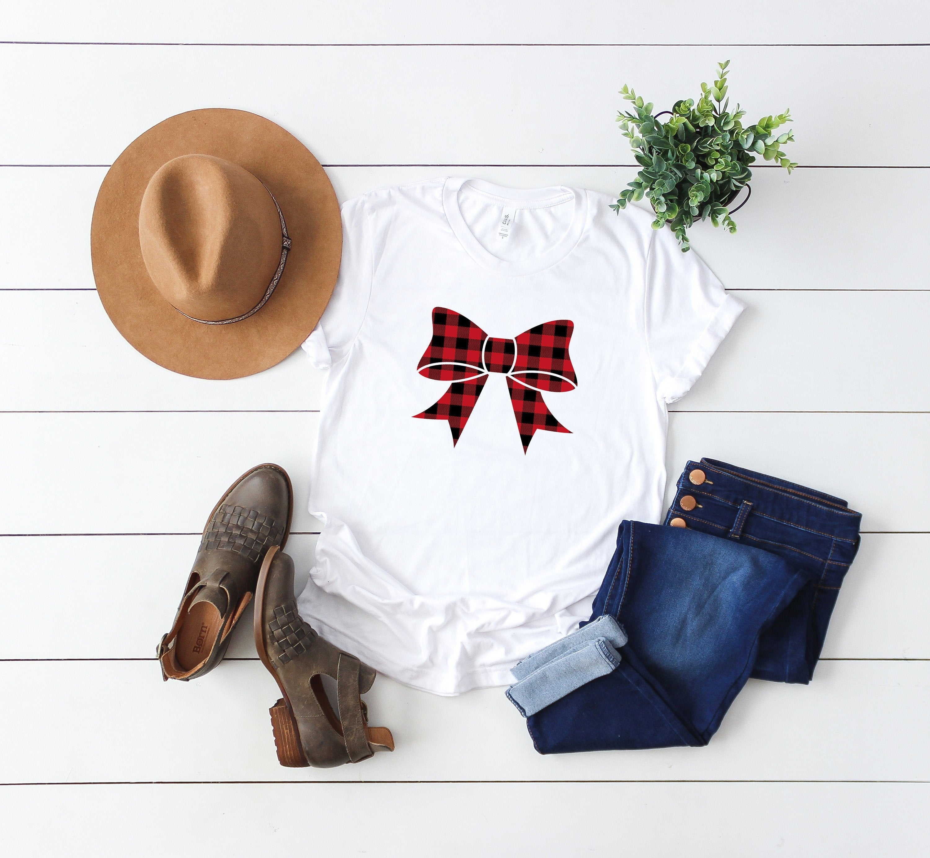 Women’S Christmas Shirt, Buffalo Plaid Shirt, Holiday Outfit, Ugly Christmas Top, Bow Shirt, Xmas T-Shirt, Buffalo Plaid Christmas Shirt,