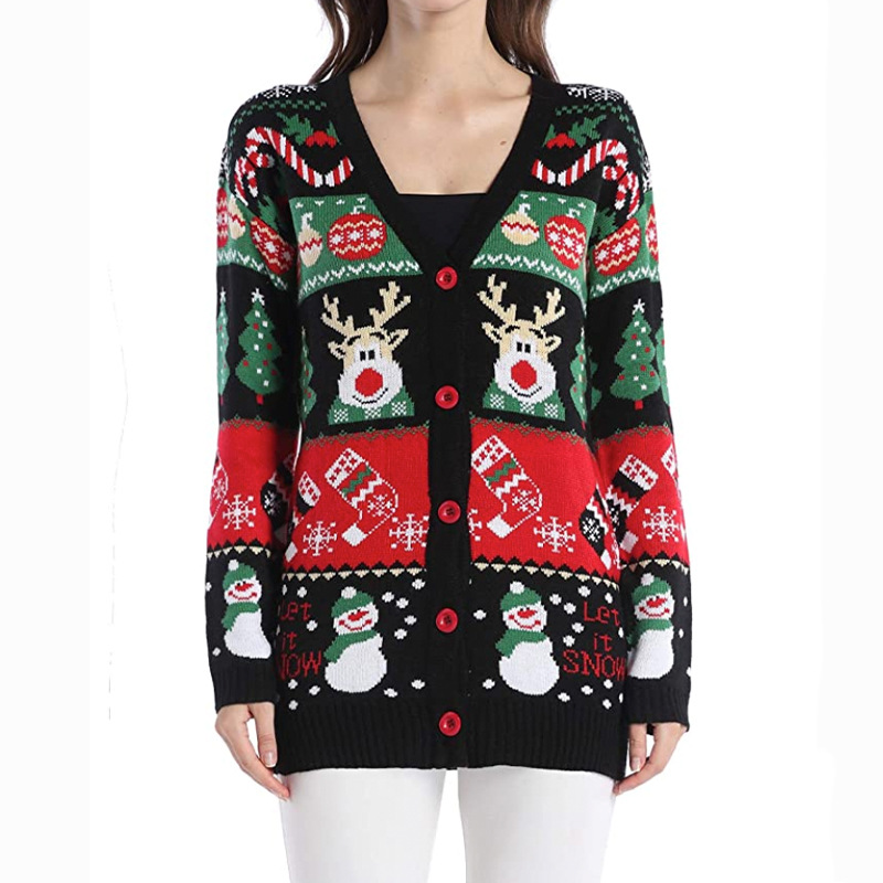 V-Neck Jacquard Christmas Sweater Gift Santa Elf Funny Womens Winter Long Sleeve Women’s Loose Knit Cardigan Sweaters2022New alx