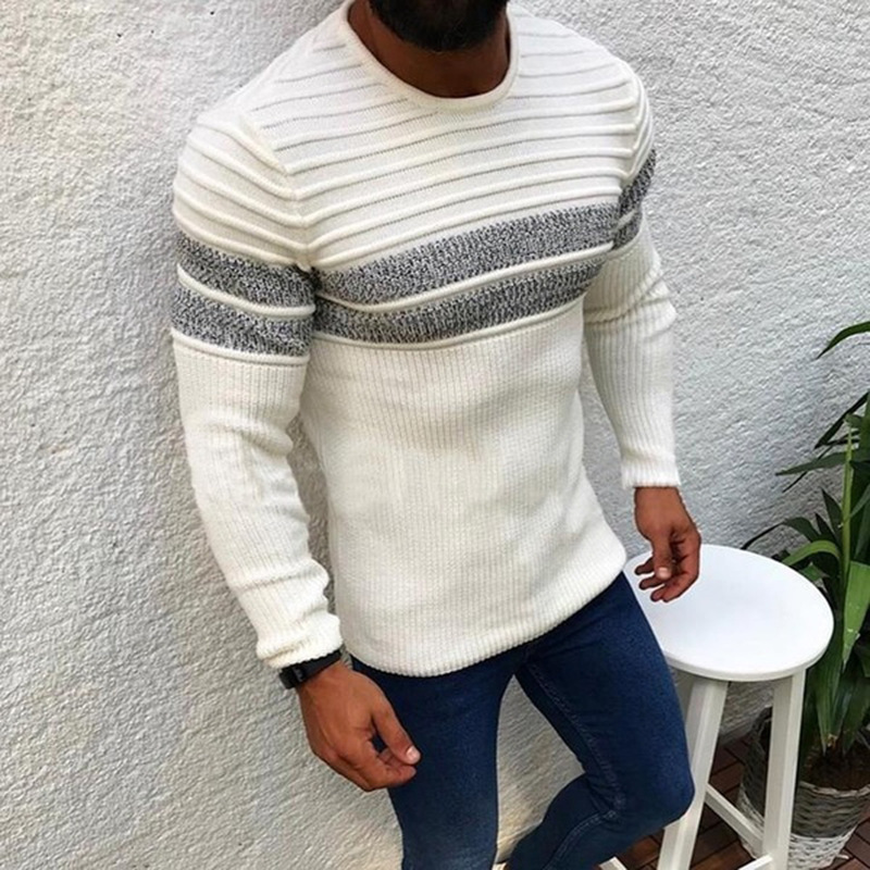 2022 Autumn New Fashion Patchwork Striped Sweater Men Casual O-Neck Sweaters Winter Bottom Shirt Tops Brand Mens Clothing alx