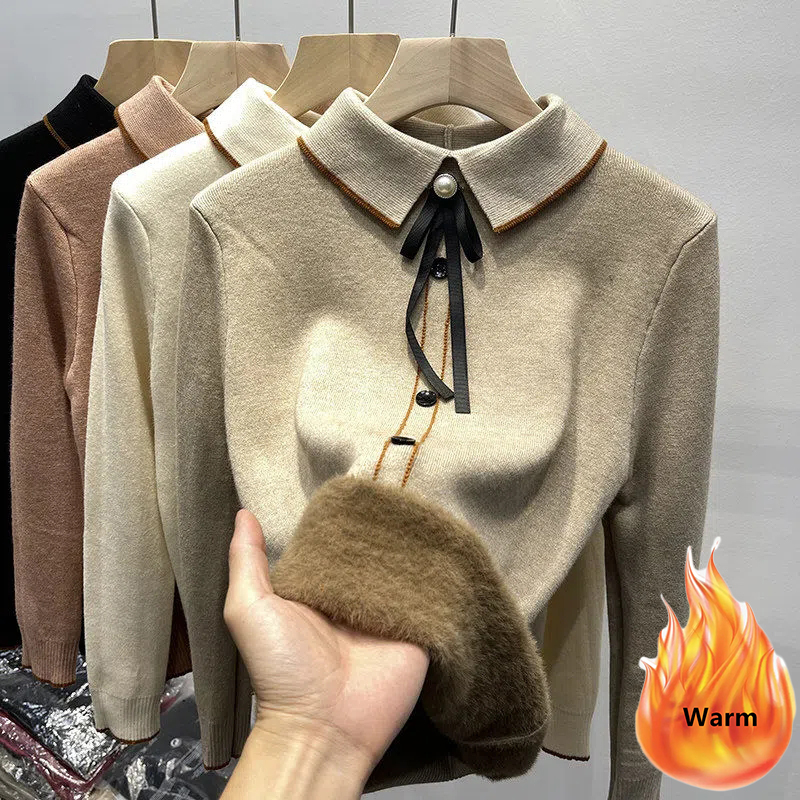 Women’s Turn-down Collar Thicken Plus Velvet Sweater Winter Casual Warm Knit Pullover Korean Slim New Knitwear Jumper Soft Tops alx