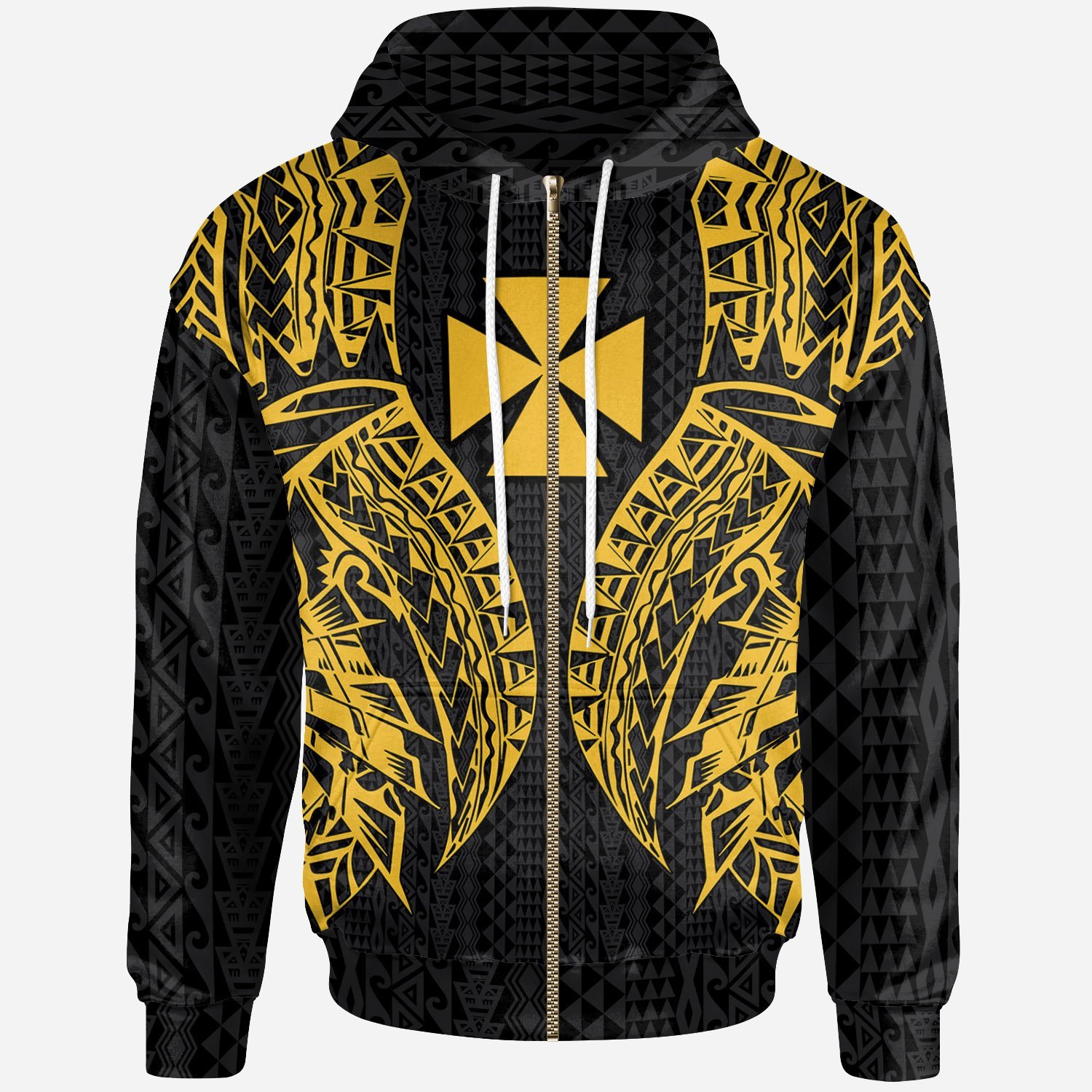 Wallis’nd Futuna Zip-Up Hoodie – Polynesian Lion Head Gold Style – Pacific Print Hoodie