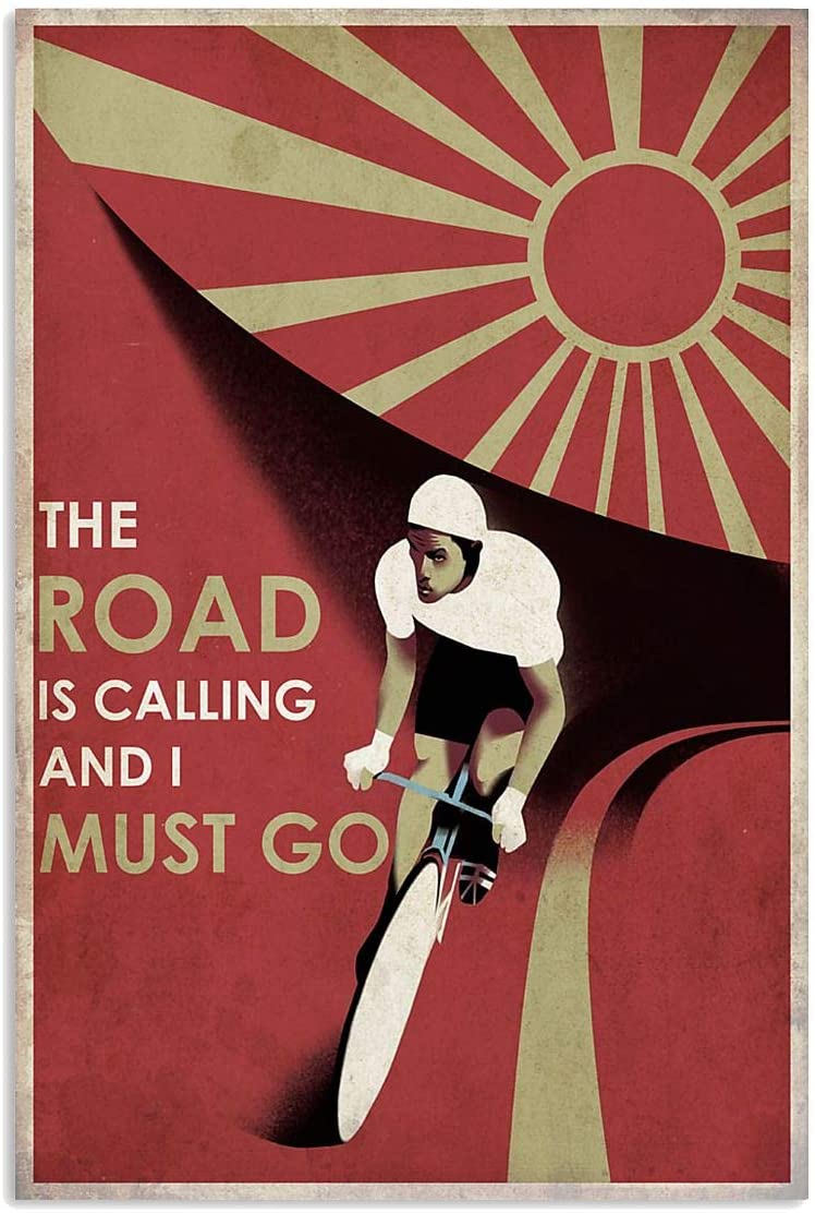 Vintage Man Cycling The Road Is Calling Must Go Poster Art Print      Home Decor Gift For Men Women Family Friend On Birthday Xmas