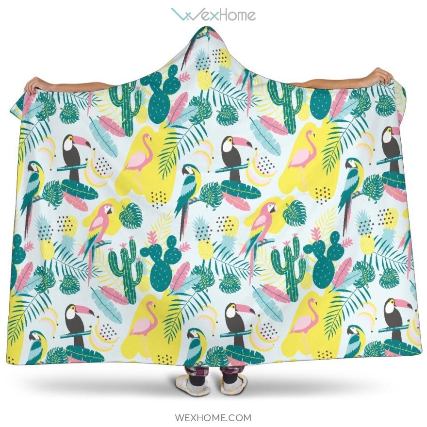 Cute Parrot Toucan Flamingo Cactus Exotic Leaves Pattern Hooded Blanket