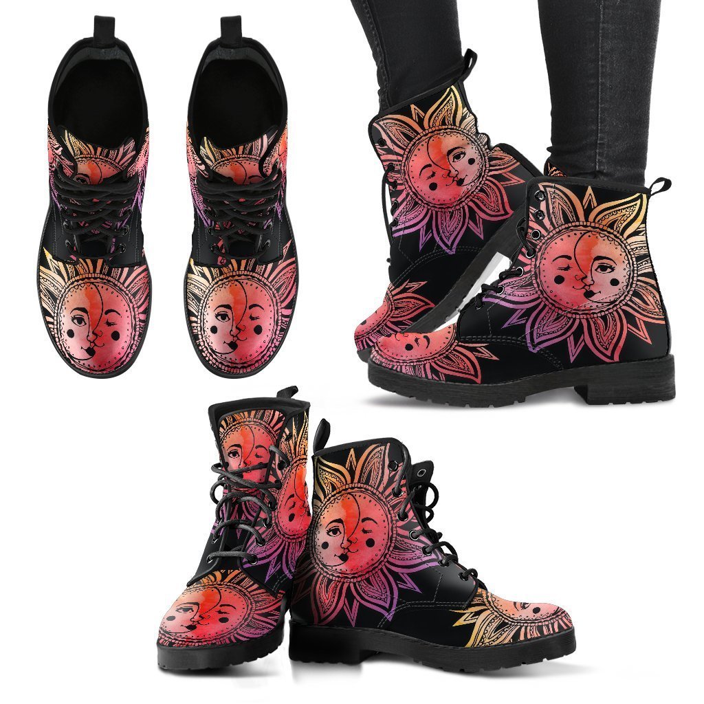 Watercolor Sun Moon Mandala Women’S Leather Boots Fashion Boots Custom Shoes