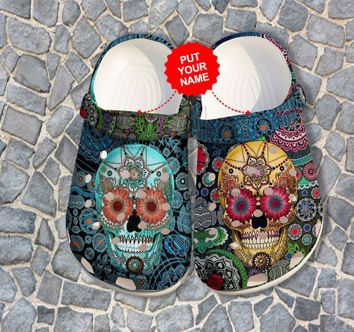 Hippie Sugar Skull Boho Crocs Shoes For Women – Skull Tattoo Flower Hippie Peace Shoes Croc Clogs Customize – Cr-Ne0149