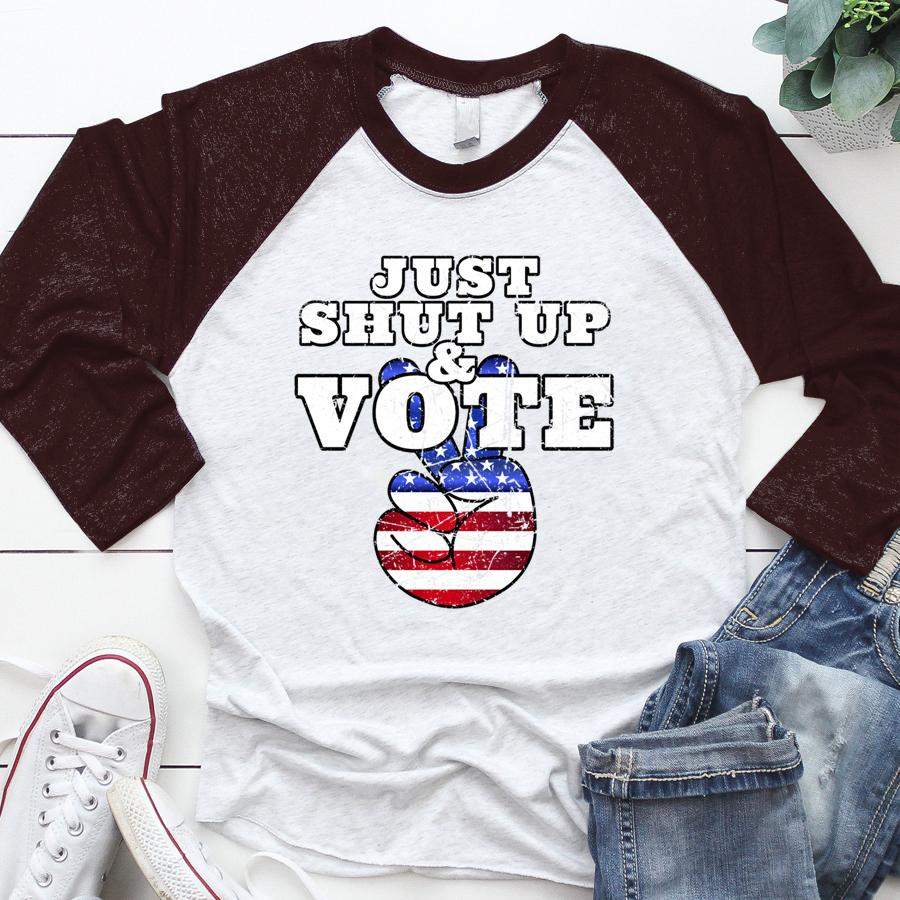 JUST SHUT UP & VOTE Distressed Peace Democratic Republican Long Sleeve  Baseball