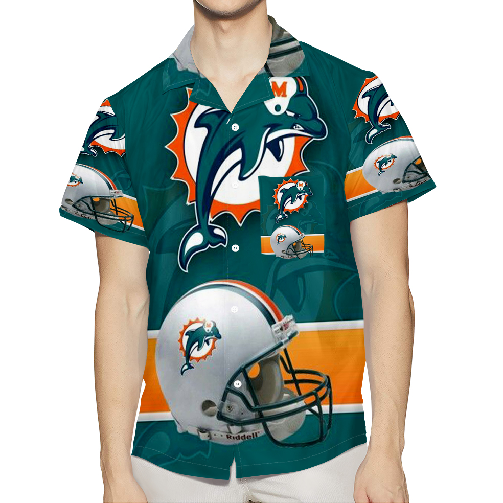 Miami Dolphins Logo And Helmet 3D All Over Print Summer Beach Hawaiian Shirt With Pocket