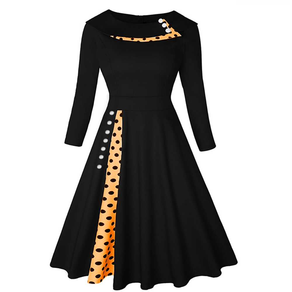 Vintage Dress for Women Rockabilly Polka Dot Print Sexy Patchwork Long Sleeve High Waist Swing Casual Party Midi Vestidos Robe alx