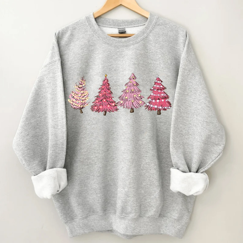 2022 Cute Pink Christmas Tree Sweatshirts Crew Neck Long-sleeved Pulovers Autumn Winter Tracksuits Versatile Pullover Streetwear alx