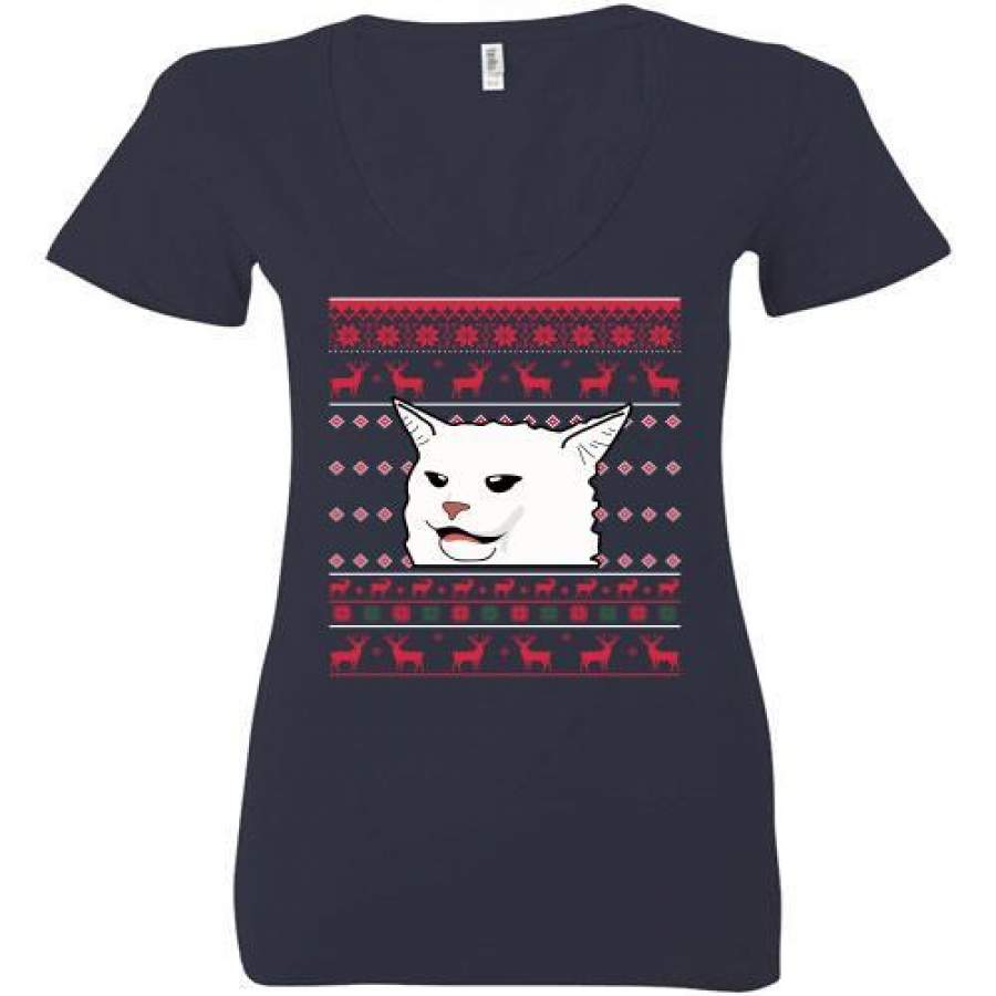 Cat Woman Yelling At Cat Ugly Christmas Ladies Deep V-Neck