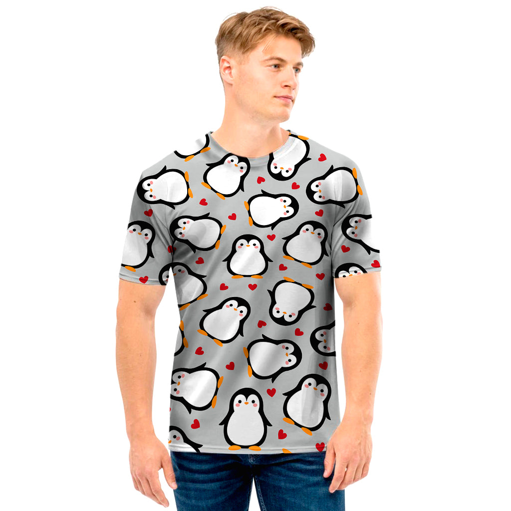 Red Heart And Penguin Pattern Print Men’S T-Shirt