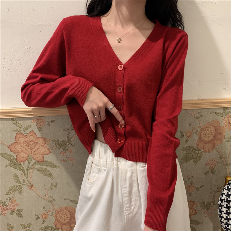 Spring Autumn Solid Color Cropped Sweater Korean Basic V-neck Student 9 Colors Cardigan Sweater Women All-match Long Sleeve Tops alx