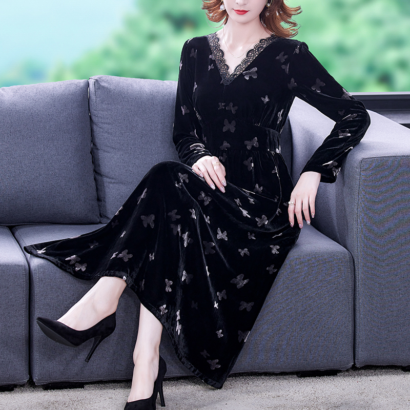 2022 Black Velvet Vintage Long Sleeve Maxi Dresses Women Casual 5XL Midi Dress Autumn Winter Elegant Bodycon Evening Vestidos alx