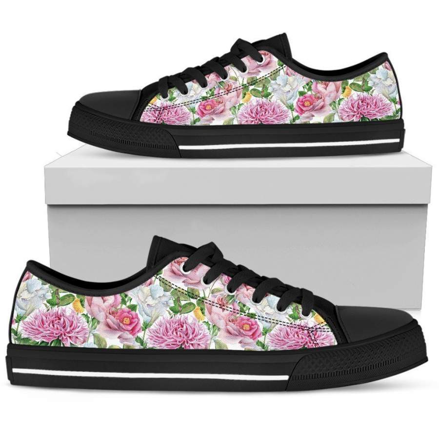 Watercolor Floral Women’s Low Top Shoes Black