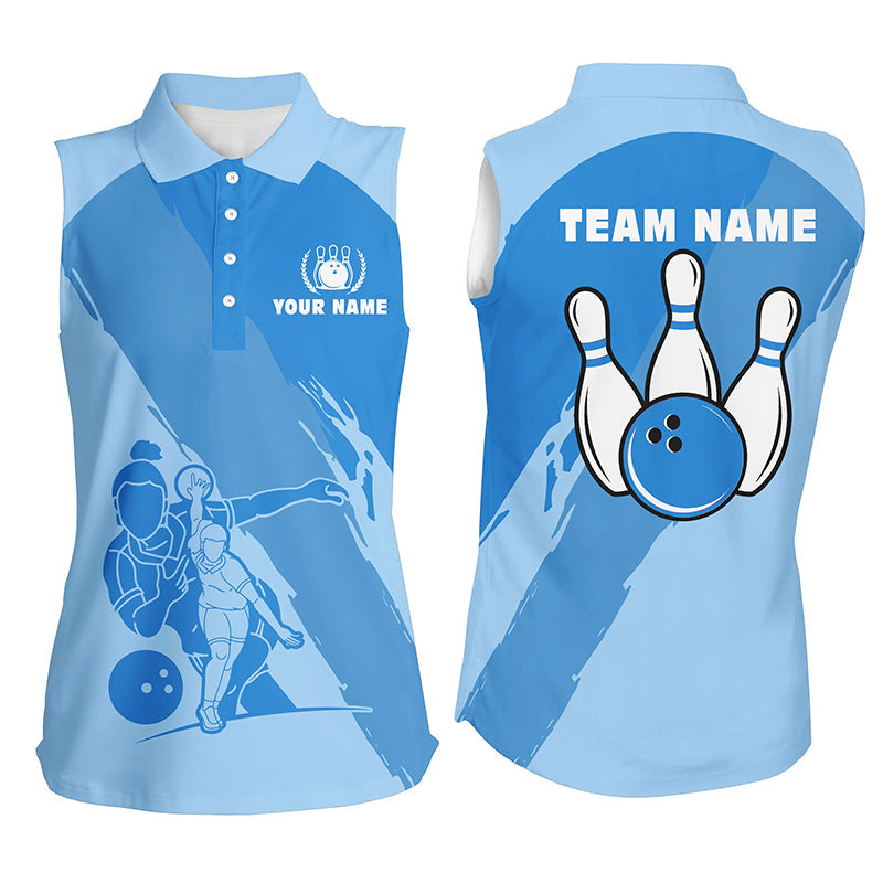 Personalized 3D Bowling Shirts For Women, Custom Blue Sleeveless Polo Bowling Shirt For Girls