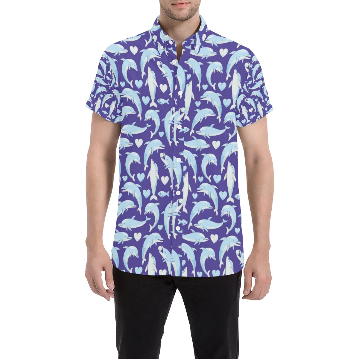 Dolphin Smile Print Pattern Men Button Up Shirt