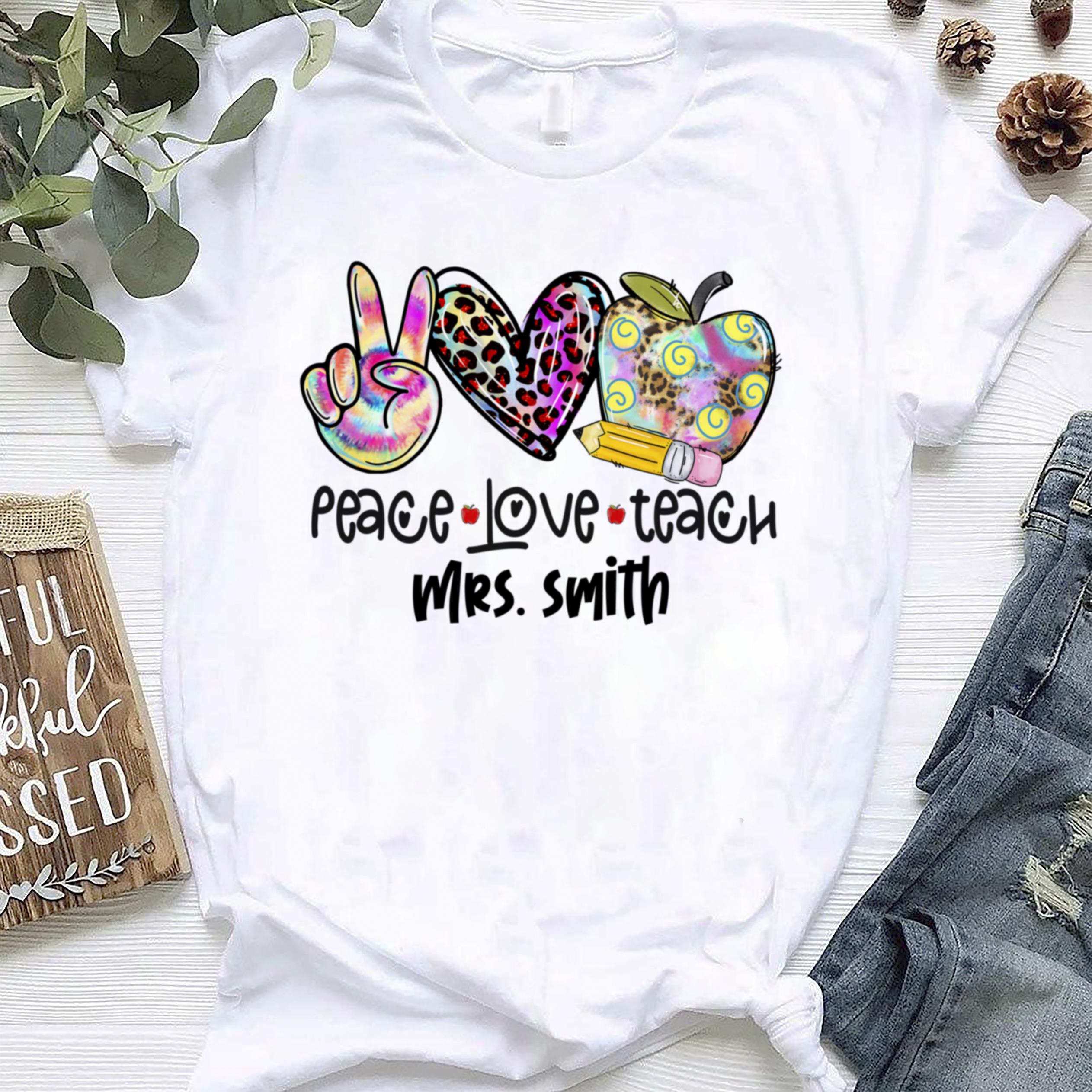 Personalized T-Shirt For Teacher Peace Love Teach V Hand Sign Heart & Apple Print Leopard And Polka Dot Design