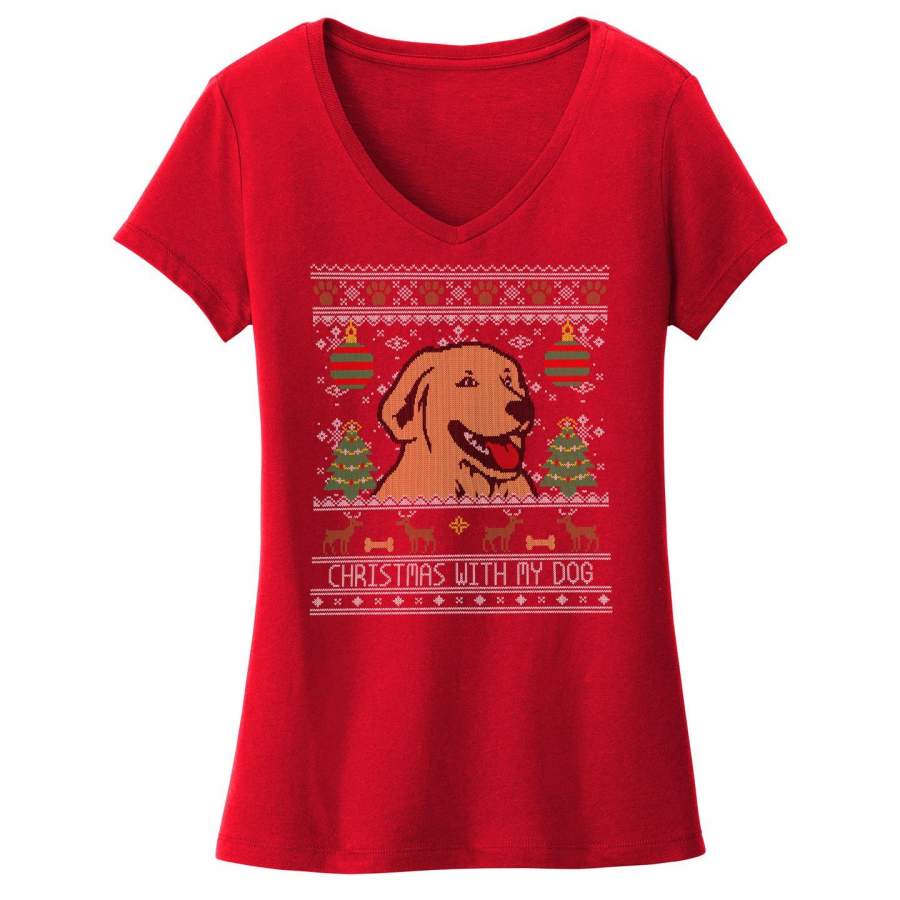 Ugly Sweater Christmas With My Dog – Women’s V-Neck T-Shirt