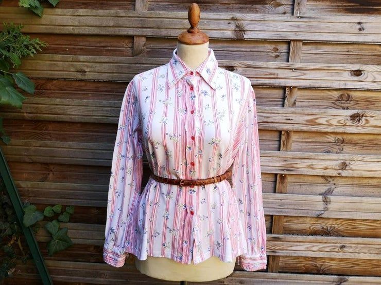 Vintage 70S Pointed Collar Striped Floral Blouse Italy Shirt