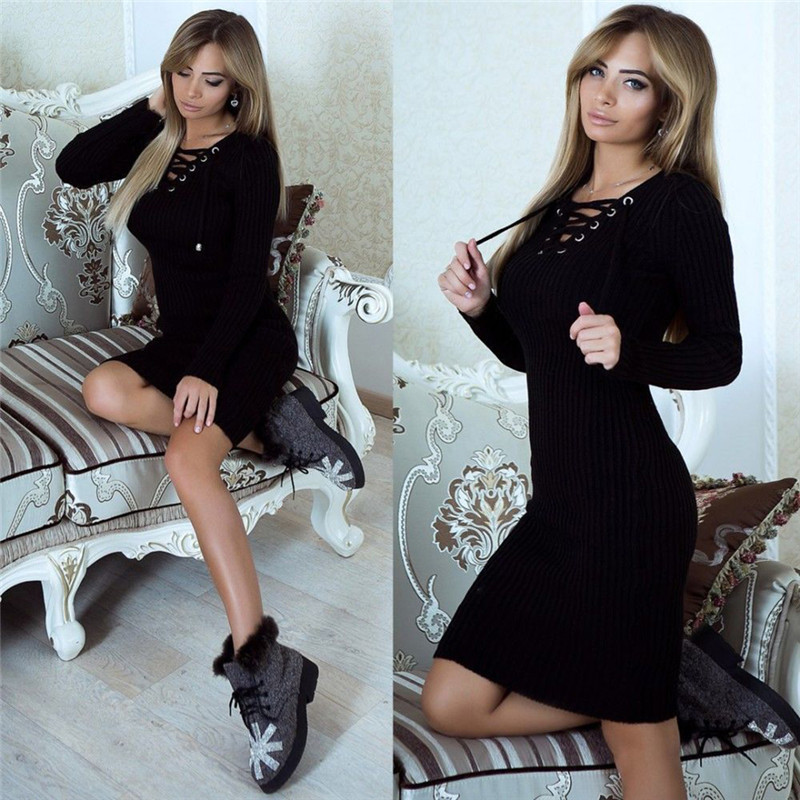 Autumn Winter Sweater Dress Women V-Neck Long Sleeve Knit Bodycon Female Warm Party Dresses Ladies Clothing Femme Vestdiaos alx