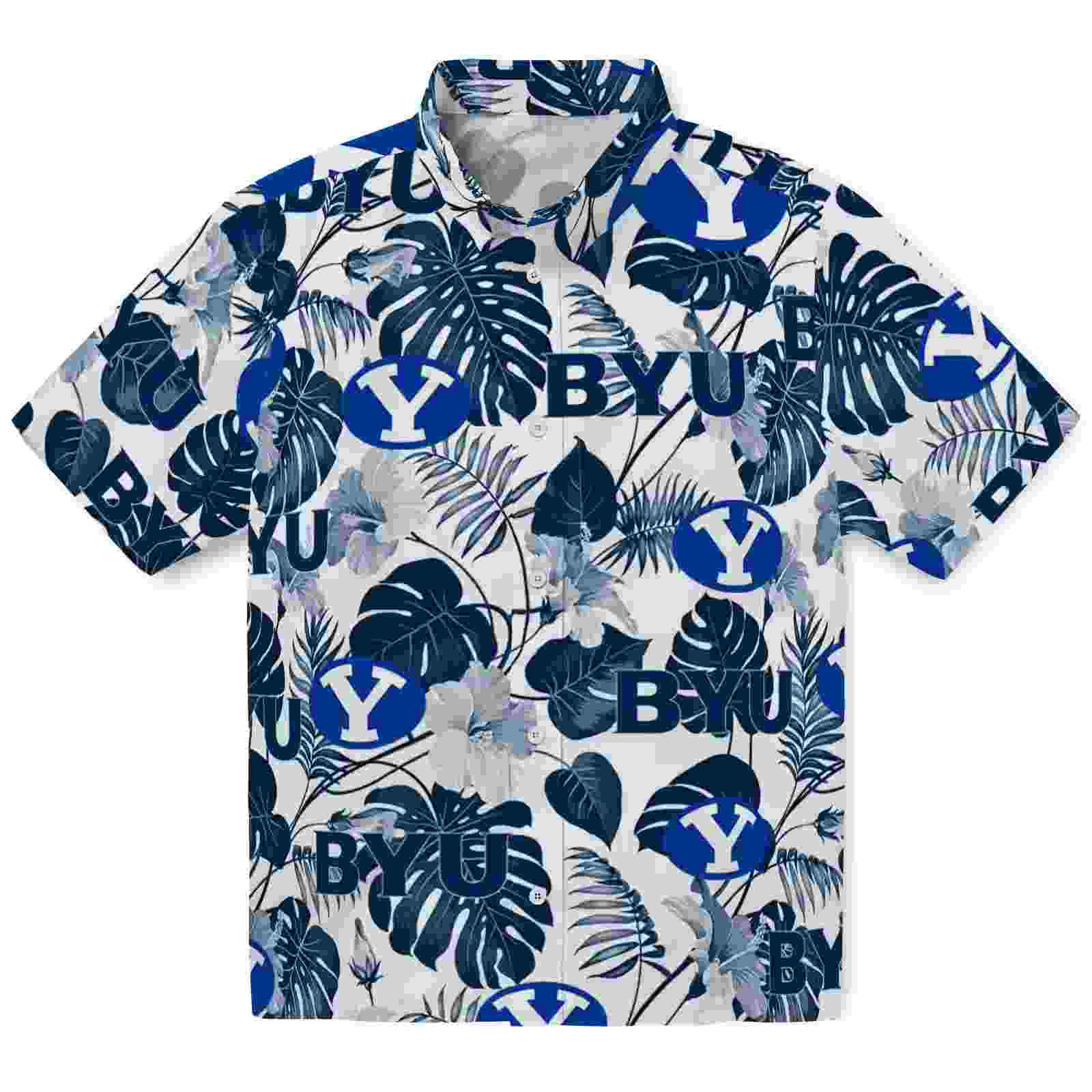 Byu Cougars Tropical Plants Blue White Hawaiian Shirt