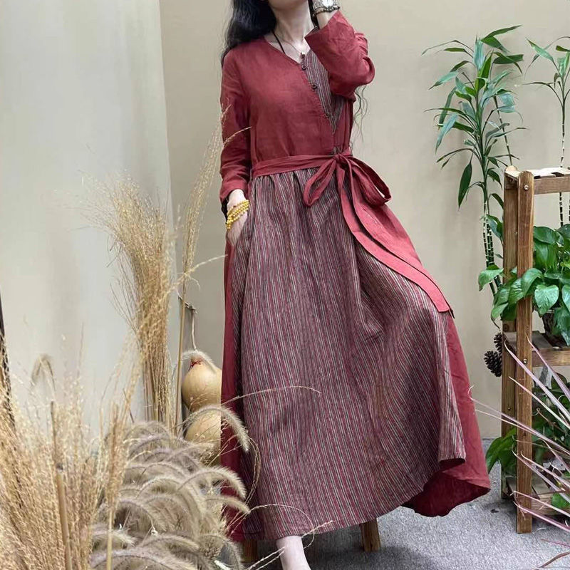 Women Casual Dress New Arrival 2022 Vintage Style V-neck Patchwork Striped Loose Comfortable Ladies Elegant Long Dresses D373 alx