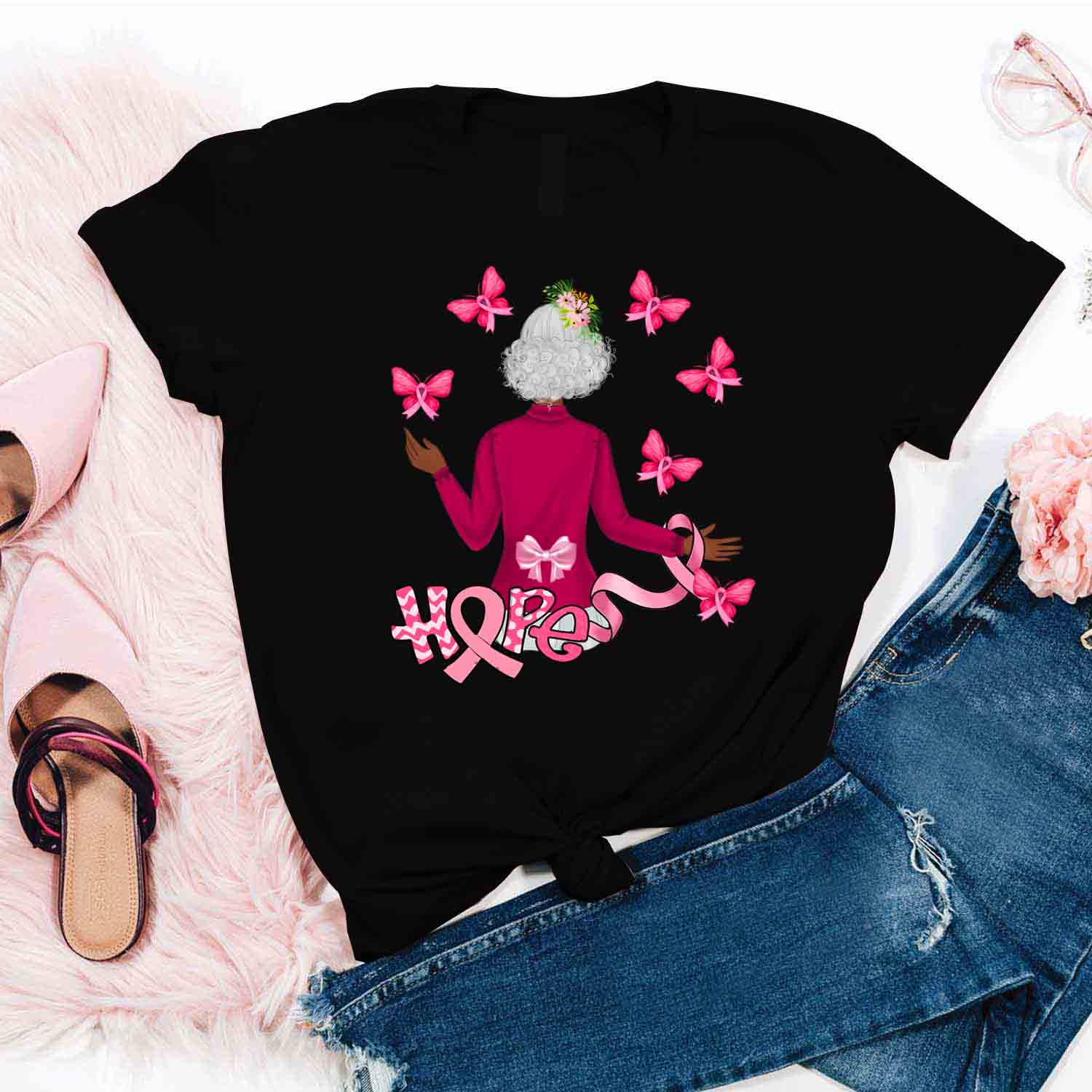 Black Queen With Pink Shirt – Breast Cancer Awareness T-Shirt Birthday Gifts For Mom Grandma Friends Hoodies Sweater Pink