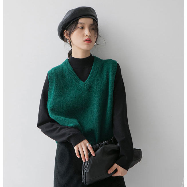 Sweaters Vest Women Korean Style Sleeveless Vintage Ins Knitting College All-match New Pure Lady Clothing Dark Green Basic Retro alx