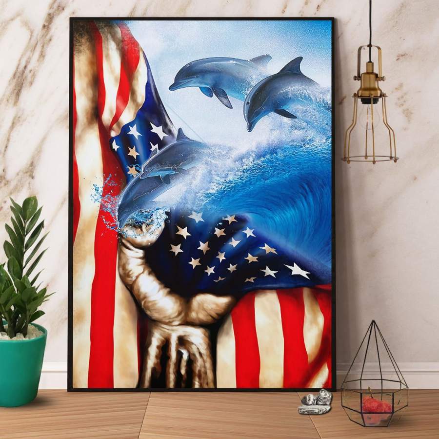 Dolphin American Flag With Hand Paper Poster No Frame/ Wrapped Canvas Wall Decor Full Size