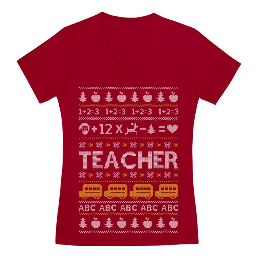 Teacher Ugly Christmas sweater V-Neck Fitted Women T-Shirt