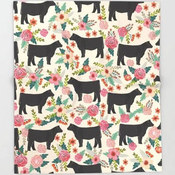 Throw Blanket | Show Steer Cattle Breed Floral Animal Cow Pattern Cows Florals Farm Gifts By Farmfriendly