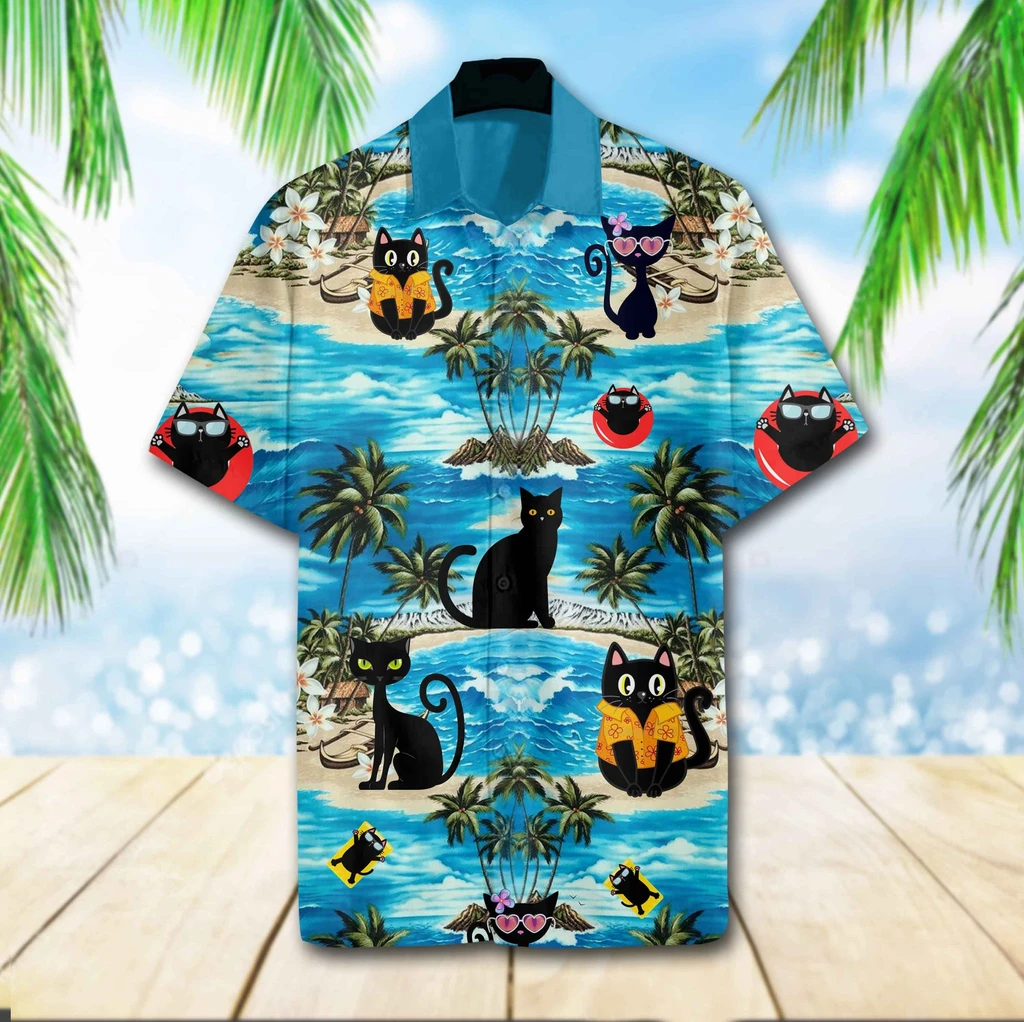 Black Cat Beach Print Polyester Hawaii Shirt Ha27267