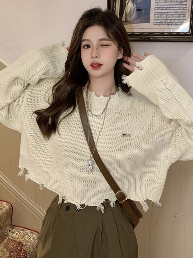 Crop Ripped Pullovers Women Autumn New Streetwear Retro Young Fashion Girls All-match Simple Loose Hot Lady Long Sleeve Sweaters alx