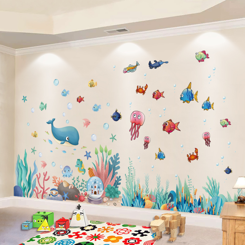 [SHIJUEHEZI] Submarine Coral Clusters Plants Wall Sticker DIY Whale Fish Wall Decals for Kids Room Baby Bedroom Home Decoration alx