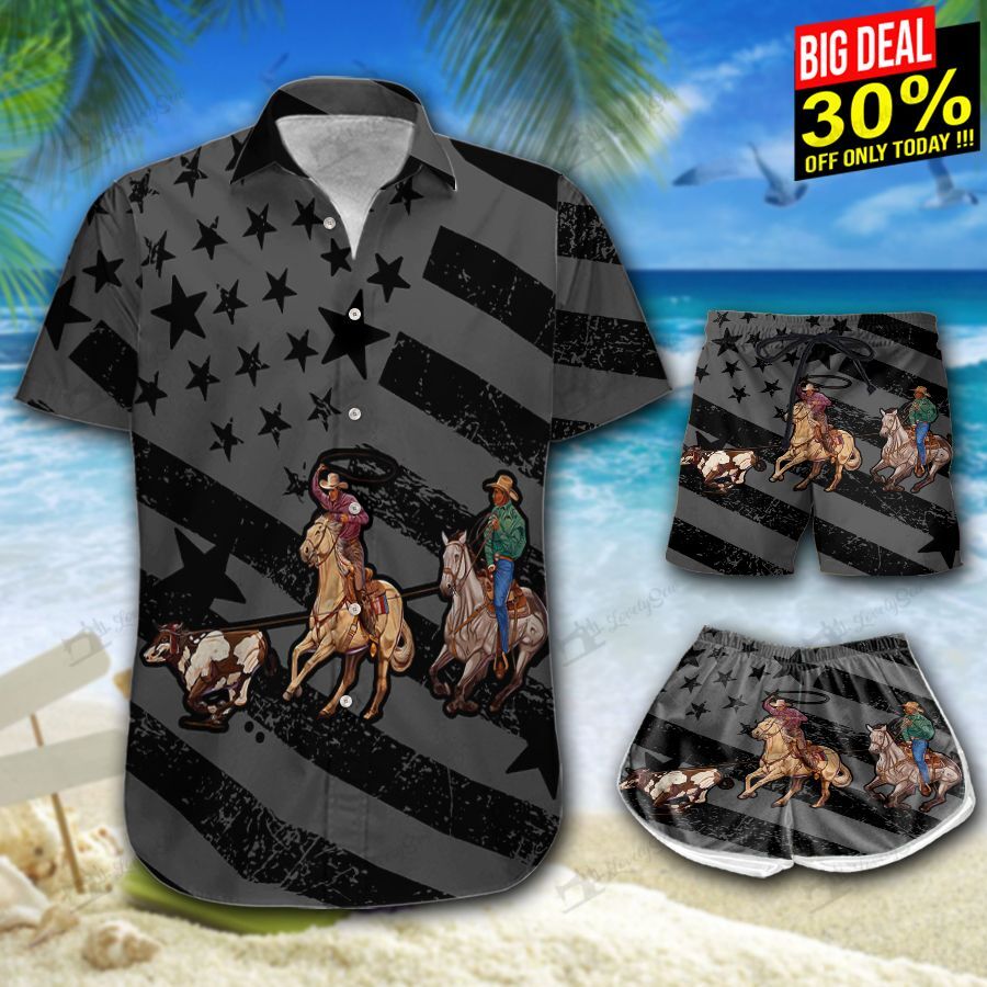 Team Roping Flag Black Hawaiian Shirt Shorts Ha89147