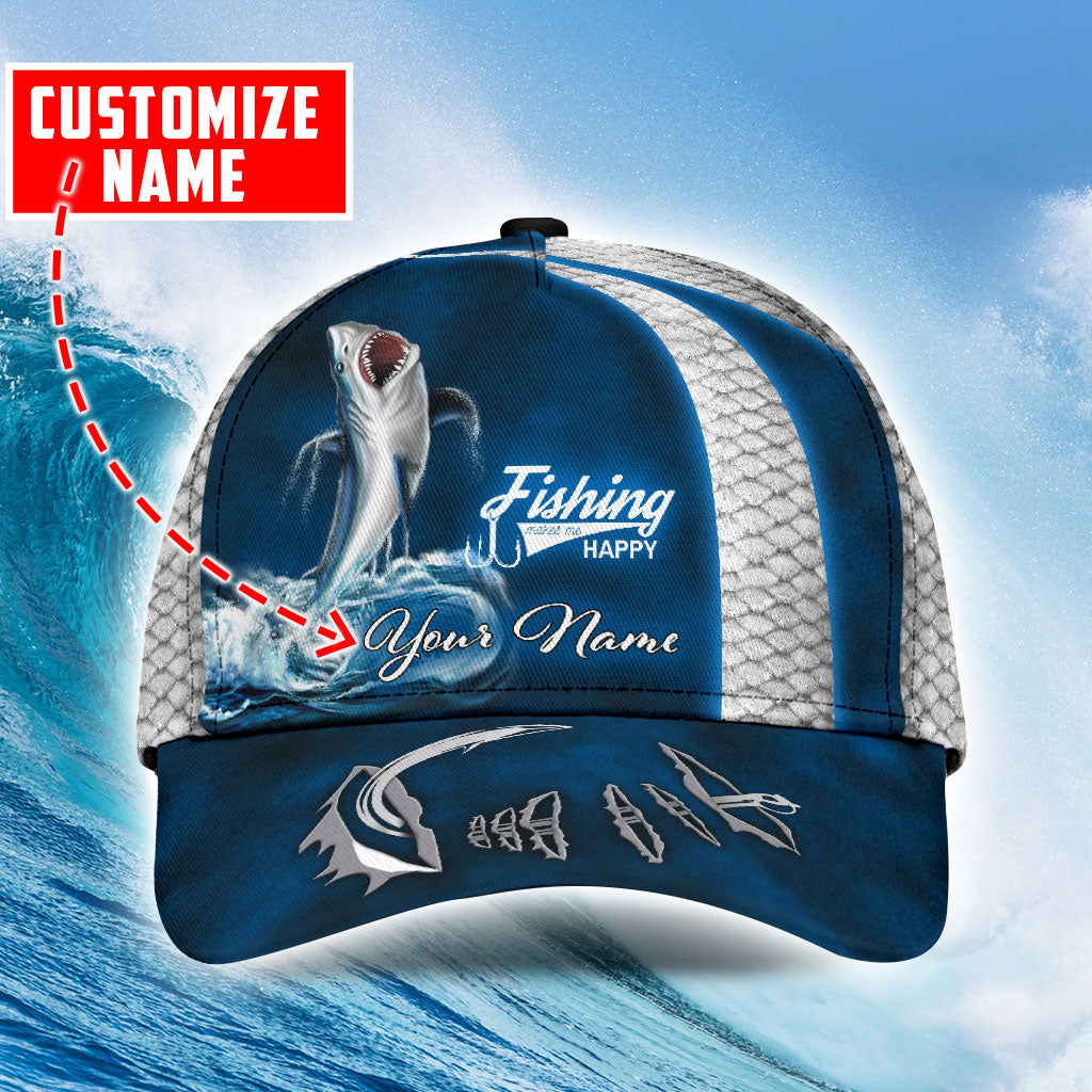 Custom Name Shark Fishing Hat Hook 3D Painting Print Cap